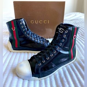 Gucci Leather & Black Coated Twill High Top Men’s Sneakers Size: 11US